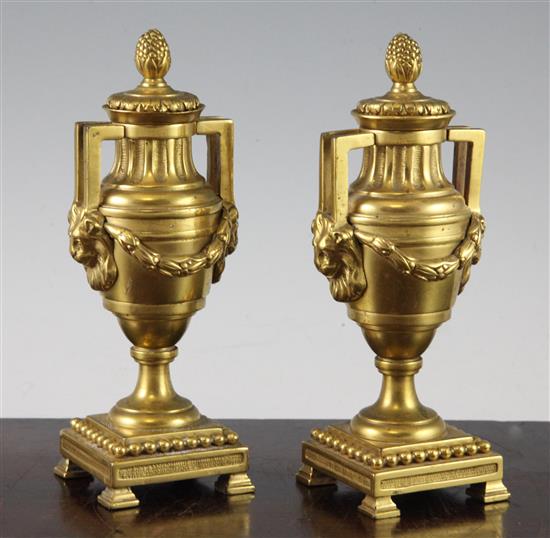 A pair of early 20th century ormolu cassolettes, 6.75in.